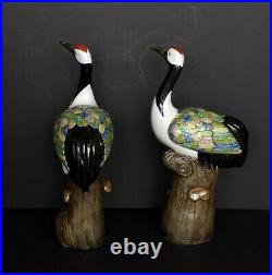Pair of Early 20th Century Chinese Chinoiserie Chic HandPainted Porcelain Cranes