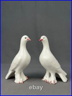 Pair of Italian Pottery Hand-Painted Fancy Pigeons Love Birds Doves