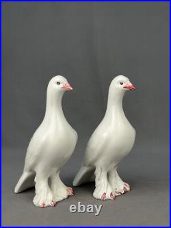 Pair of Italian Pottery Hand-Painted Fancy Pigeons Love Birds Doves
