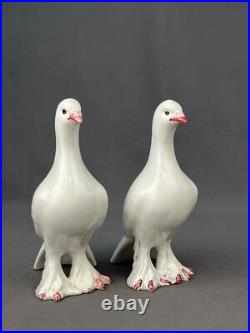 Pair of Italian Pottery Hand-Painted Fancy Pigeons Love Birds Doves