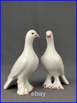 Pair of Italian Pottery Hand-Painted Fancy Pigeons Love Birds Doves