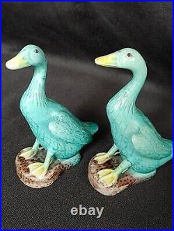 Pair of Small Antique Blue Chinese Porcelain Duck Figurines