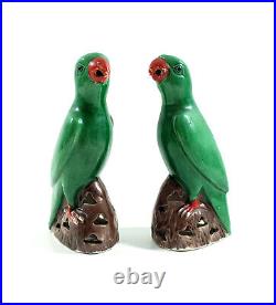 Pair of Vintage Chinese Export Green Parrot Bird Porcelain Figurines 6 Tall