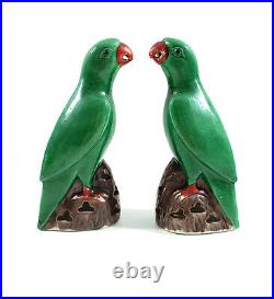 Pair of Vintage Chinese Export Green Parrot Bird Porcelain Figurines 6 Tall