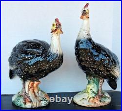 Pair of Vintage Italy Pottery Guinea Fowl Pair Hen & Cock Bird 17 Life Sized