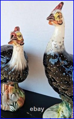 Pair of Vintage Italy Pottery Guinea Fowl Pair Hen & Cock Bird 17 Life Sized