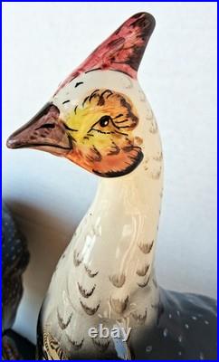 Pair of Vintage Italy Pottery Guinea Fowl Pair Hen & Cock Bird 17 Life Sized