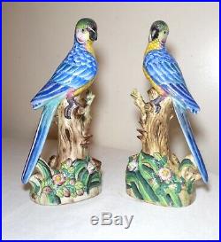 Pair of antique hand painted Italian majolica porcelain parrots bird statues