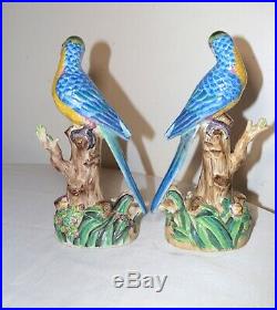 Pair of antique hand painted Italian majolica porcelain parrots bird statues