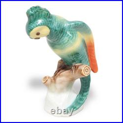 Porcelain Bird Figurine Herend Green Parrot Hand Painted Rare Vintage Statuett
