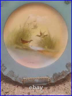 Porcelain Bird Plates Antique 1920s Set of 3 LimogesSigned B. Albert Blue Gold