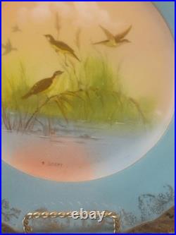 Porcelain Bird Plates Antique 1920s Set of 3 LimogesSigned B. Albert Blue Gold