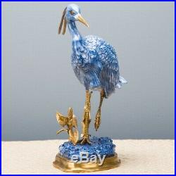 Porcelain Blue Heron Bird Bronze Ormolu Statue Figurine Wading Bird Crane 12'H