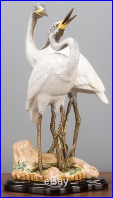 Porcelain Egret Bird Heron Pair Bronze Ormolu Statue Figurine Wading Birds 15''H