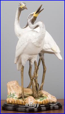 Porcelain Egret Bird Heron Pair Bronze Ormolu Statue Figurine Wading Birds 15''H