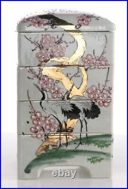 Porcelain Four-Tiered Japanese Jubako Stacking Box Painted Tree Bird Cranes Gold
