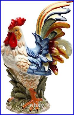 Porcelain Painted Colorful Rooster Bird Figurine Statue, Blue/Orange
