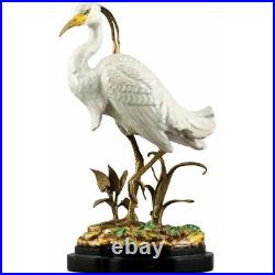 Porcelain White Egret Bird Bronze Ormolu Statue Figurine Wading Bird Crane 12'H