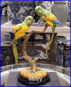 Porcelain and Bronze Ormolu Double Parrots Sculpture Figurine-13H