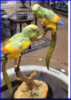 Porcelain and Bronze Ormolu Double Parrots Sculpture Figurine-13H