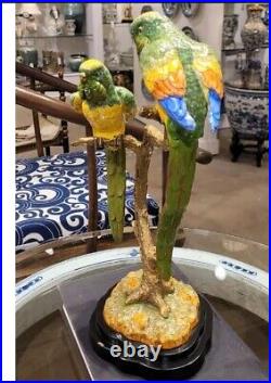 Porcelain and Bronze Ormolu Double Parrots Sculpture Figurine-13H