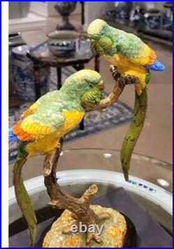 Porcelain and Bronze Ormolu Double Parrots Sculpture Figurine-13H