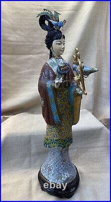 Porcelain and Cloisonné Figure / Statuette of Maiden or Woman holding a Bird