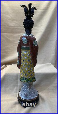 Porcelain and Cloisonné Figure / Statuette of Maiden or Woman holding a Bird