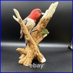 Porcelain bird figurine depicting a red-headed bird on branch with grape clusters