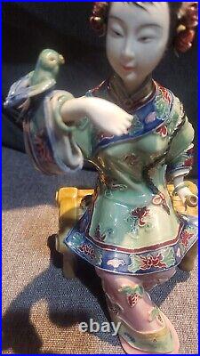 Pre-owned Chinese Wucai Porcelain Pottery Lady Bird Lucky Happy Flower Statue