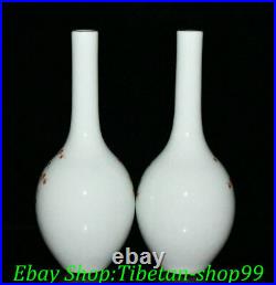 Qianlong Marked Blue White Alum Red Porcelain Plum Bossom Bird Vase Bottle Pair