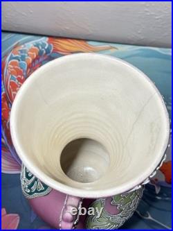 RARE PINK STUDDED NIPPON MORIAGE VASE WITH BIRD DESIGN & Gold Floral Accents 12