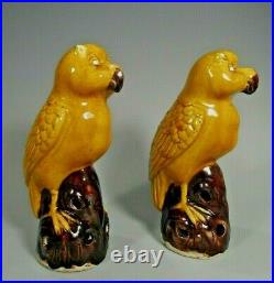 RARE Pair China Chinese Mustard & Brown Enamel Porcelain Owl Figurines ca. 1900