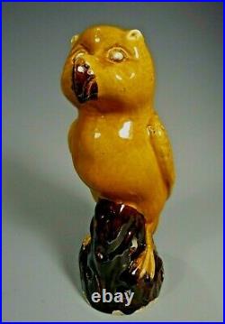 RARE Pair China Chinese Mustard & Brown Enamel Porcelain Owl Figurines ca. 1900