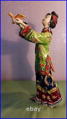 RARE Vintage Shiwan Chinese Porcelain Woman Holding Bird Figurine Statue. Handpa