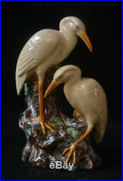 Rare China Porcelain Carved Double Bird Red-crowned crane Vase Wealth Statue