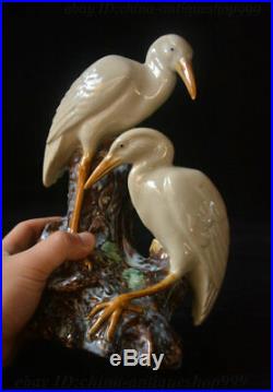 Rare China Porcelain Carved Double Bird Red-crowned crane Vase Wealth Statue