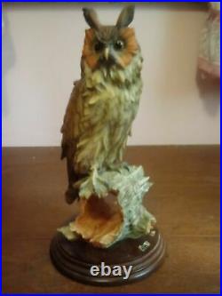 Rare Great Horned Owl Handcrafted 12 Porcelain Figurine Statue on Wood Signed