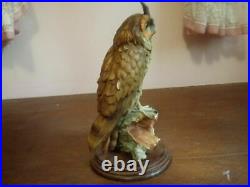 Rare Great Horned Owl Handcrafted 12 Porcelain Figurine Statue on Wood Signed