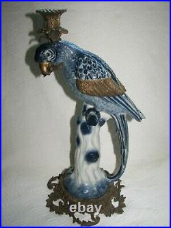 Rare Large 16 Exotic Castilian Bronze Blue Parrot Bird Porcelain Candle Statue