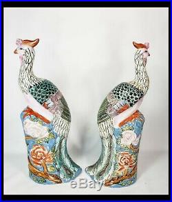Rare Large Pair of Antique Chinese Famille Rose Porcelain Phoenix Birds