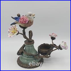 Rare Mark Roberts Bird Statue Figurine Porcelain Flowers Bronze Leaves Nest