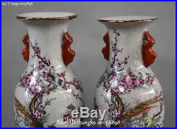 Rare Porcelain Plum Blossom Flower Magpie Bird Flower Vase Bottle Statue Pair