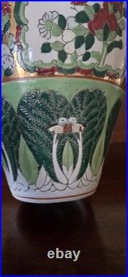 Rare VTG WBI China Porcelain Chinoiserie Hand Painted Birds & Bok Choy Fat Vase