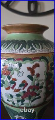 Rare VTG WBI China Porcelain Chinoiserie Hand Painted Birds & Bok Choy Fat Vase