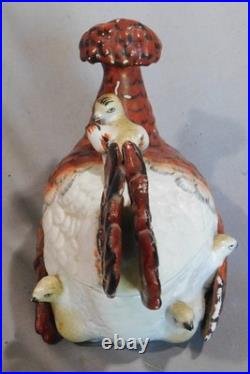 Rare antique staffordshire covered dish nesting hen chicks tureen pottery c 1860