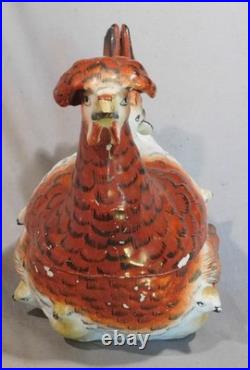 Rare antique staffordshire covered dish nesting hen chicks tureen pottery c 1860