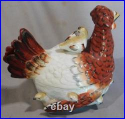Rare antique staffordshire covered dish nesting hen chicks tureen pottery c 1860