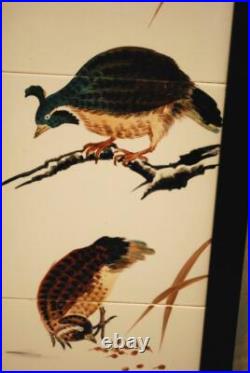 Set 2 CDGC Japan HAND PAINTED QUAIL BIRDS ART TILES Framed Porcelain SIGNED