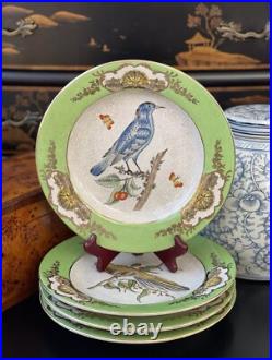 Set Four Rare Designer WL Chinoiserie Green Parrot Bird Botanical Plate 10.25